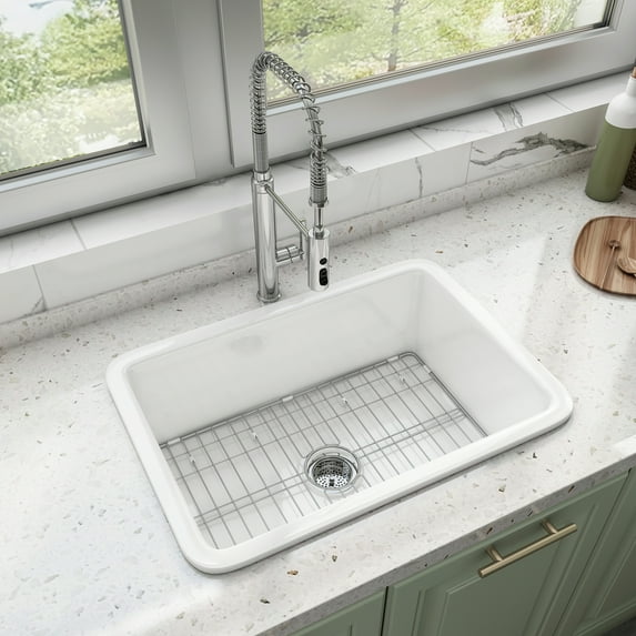 27" White Fireclay Dual-mount Kitchen Sink with Basket Strainer and Bottom Grid