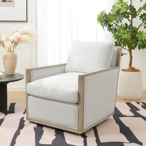 27" Wide Oak Wood Frame Performance Fabric Swivel Armchair, No Assembly Down Fill Upholstered Swivel Barrel Chair with Removable Pillow Back for Living Room, Bedroom (Ivory)