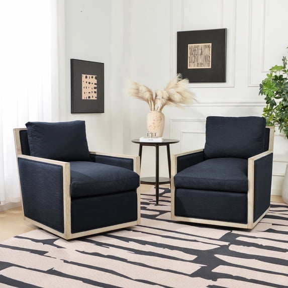 27" Wide Oak Wood Frame Performance Fabric Swivel Armchair Set of 2, No Assembly Down Fill Upholstered Swivel Barrel Chair with Removable Pillow Back for Living Room, Bedroom (Indigo)