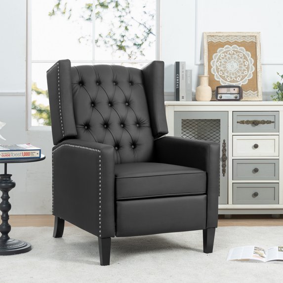 27" Wide Recliner Chair, Manual Wingback Recliner Chair with Nailhead Trim and Birch Legs, Tufted Single Sofa Vintage Chair for Home, Living Room, Office, Bedroom,PU Black
