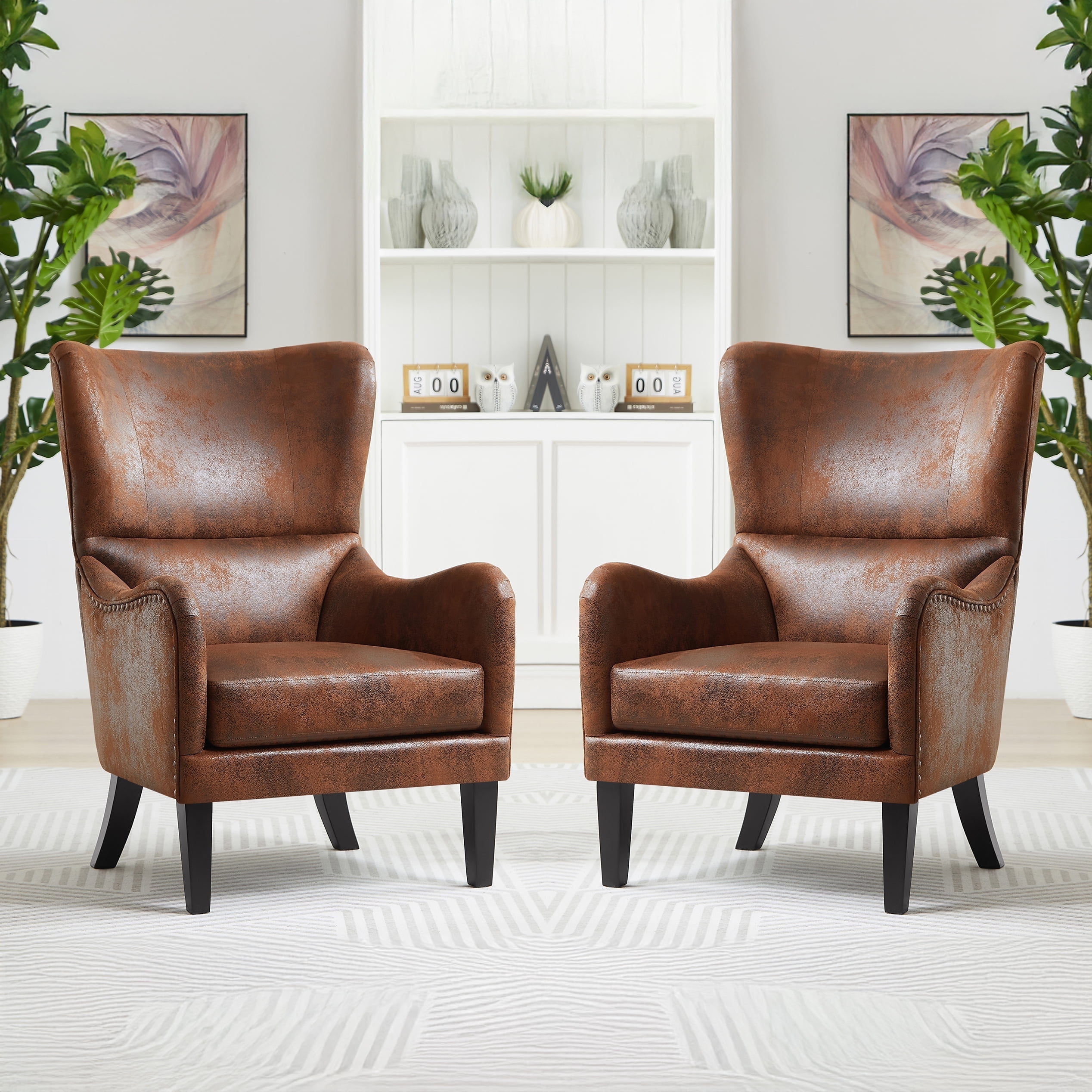 Brown Microfiber Wingback Club Chair Set with Nailhead Trim