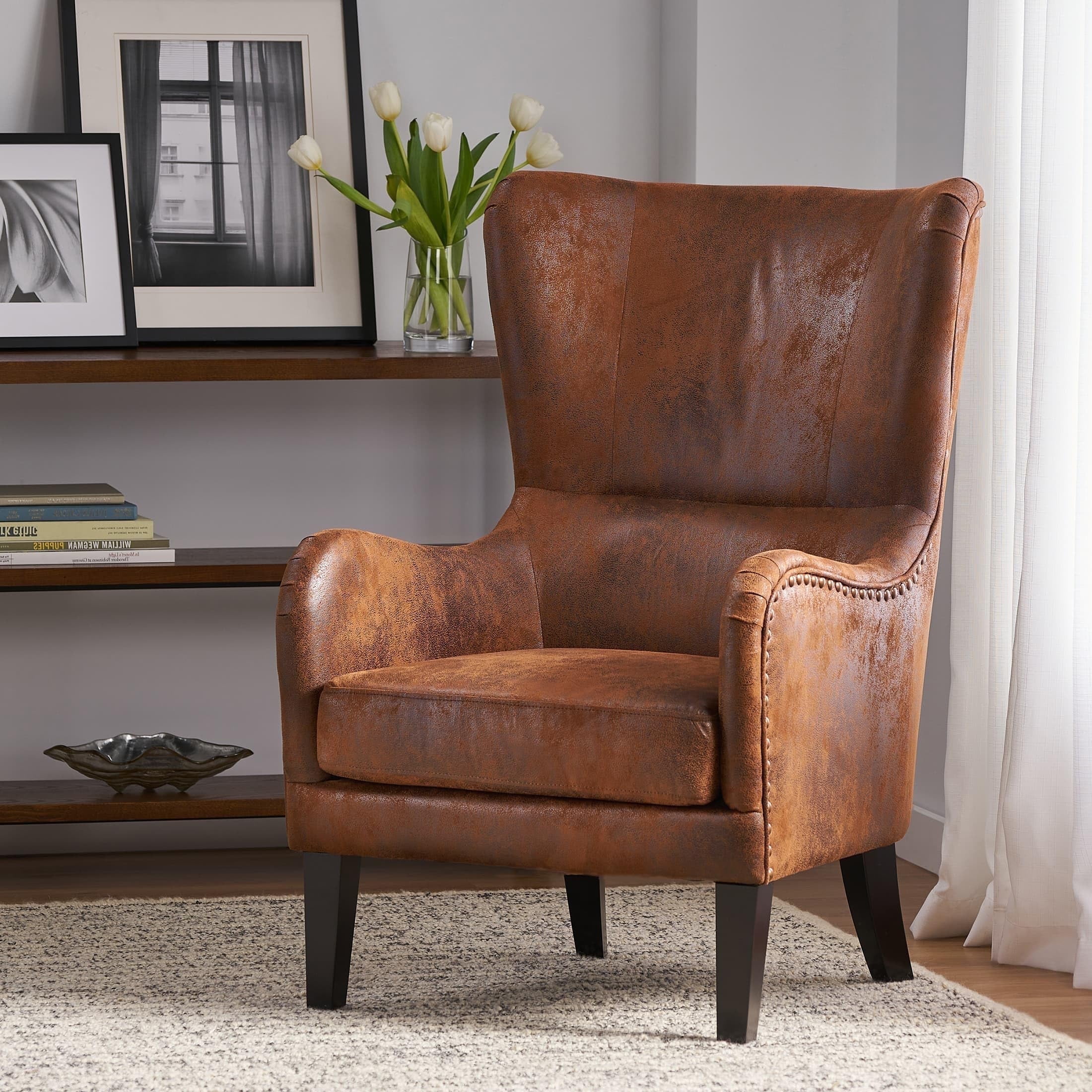 Brown and Dark Brown Wingback Chair with Nailhead Trim