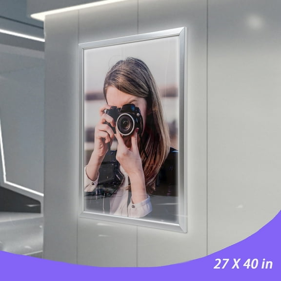 27 X 40 inch Poster Frame, LED Backlit Movie Poster Art Picture Frame, Silver Advertising Display Light Box Wall Mounted Factory Production Snap Aluminum Frame Led Light Box