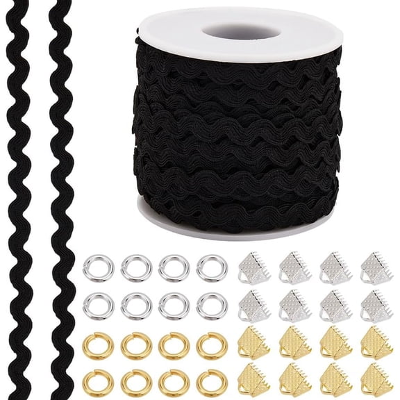 27 Yards Black RIC Rac Wave Sewing Bending Fringe Trim 1/4 inch~3/8 inch Ribbon with 32Pcs 2 Colors Iron Ribbon Crimp Ends and 64Pcs 2 Colors Jump Rings for DIY Sewing Crafts Clothes for diy
