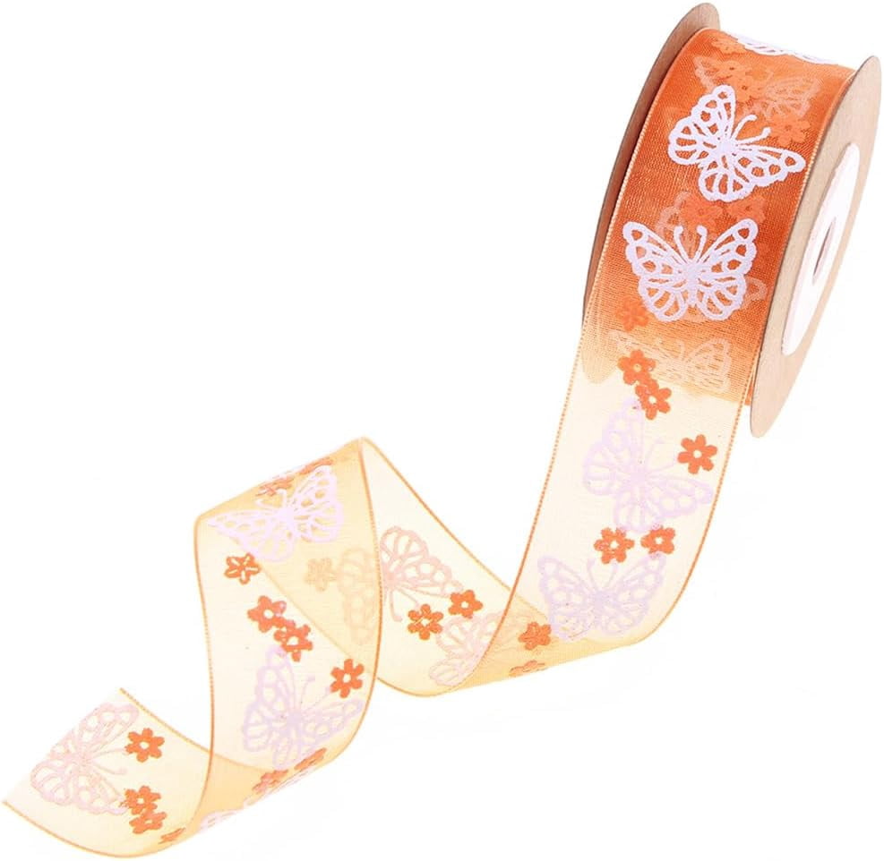 27 Yards Butterfly Organza Ribbon Orange Sheer Ribbon Wired Butterflies ...