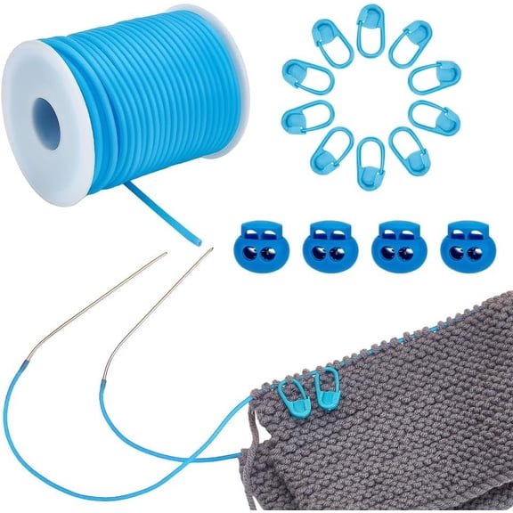 27 Yards Stitch Keeping Cords 3mm Hollow Tubing with 4Pcs Cord Locks and 30Pcs Stitch Needle Clip for Holding Stitches Bracelet Necklace Beading Light Sky BlueBlack