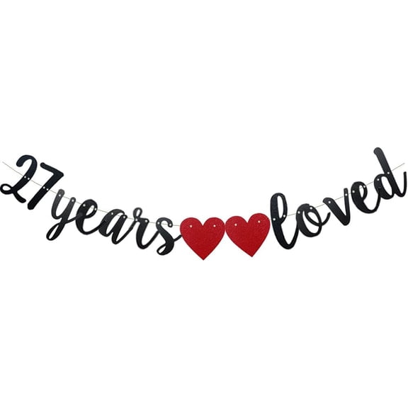 27 Years Loved Banner,Pre-Strung, Black Paper Glitter Party Decorations For 27TH Birthday Decorations 27TH Wedding Anniversary Day Party Supplies Letters Black