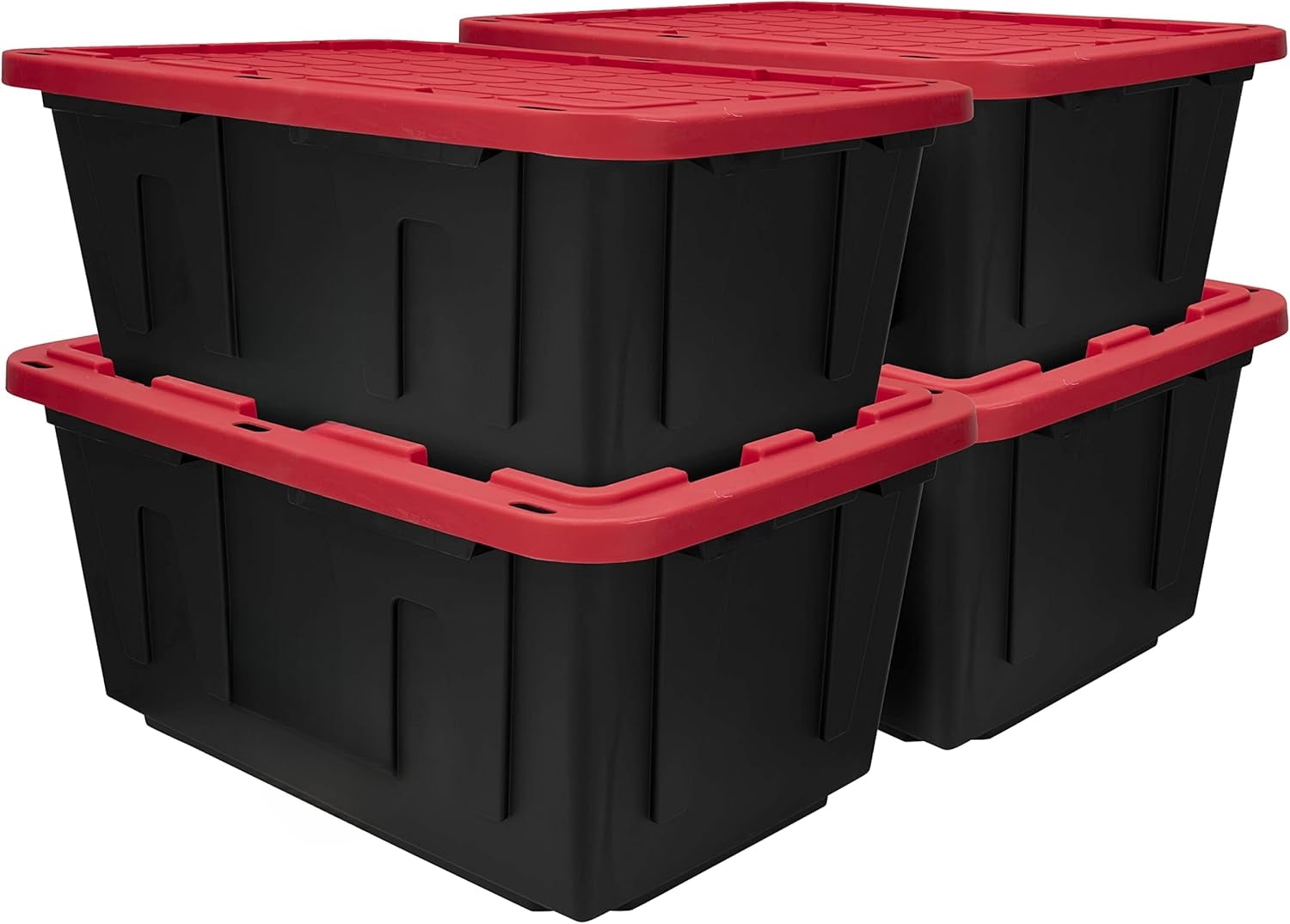 27-gallon stackable snap-on plastic storage bins, black bins with red ...