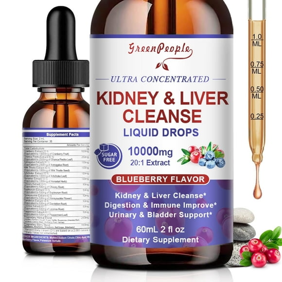 27-in-1 Kidney & Liver Support Liquid Drops - 20:1 Cranberry Extract, Blueberry Flavor - Non-GMO (2 fl oz)