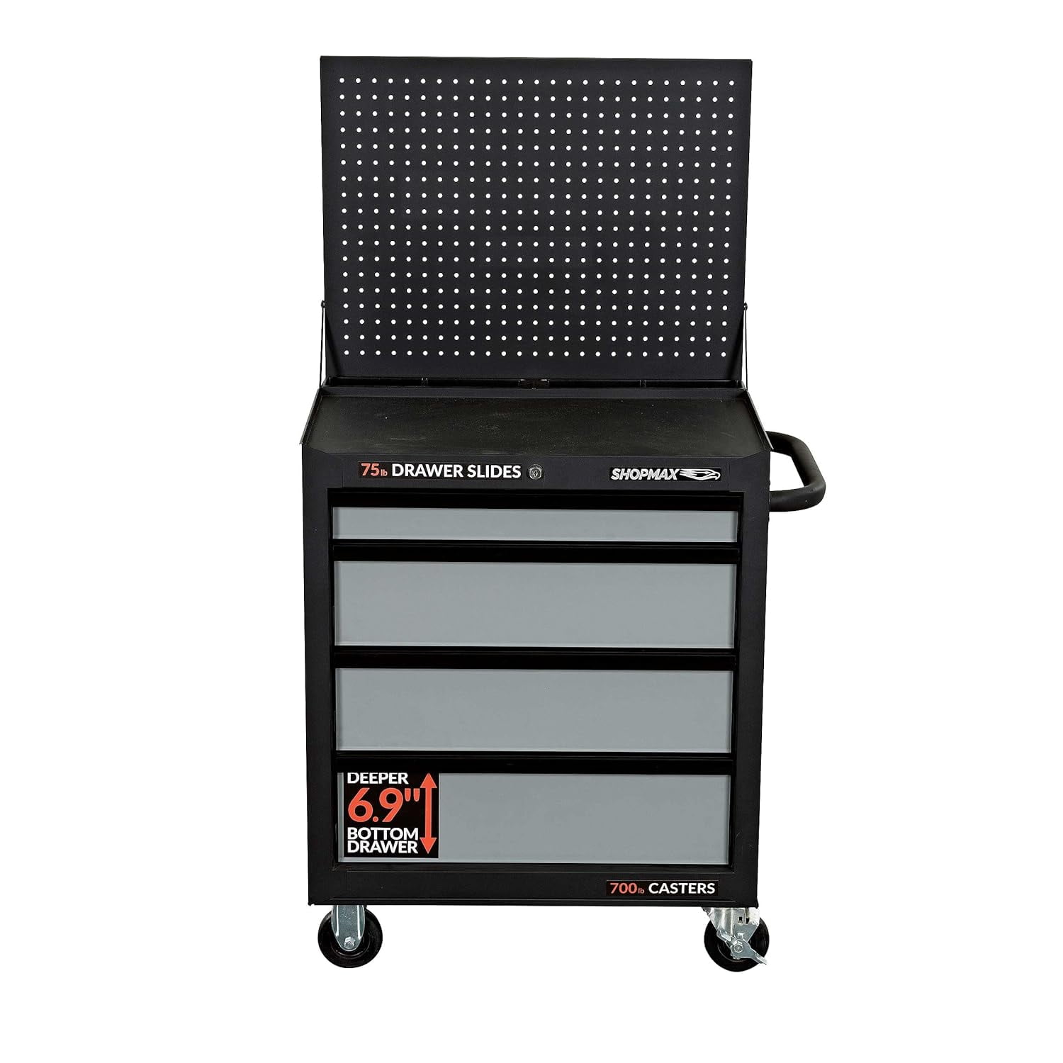 27 in. 4-Drawer Mobile Workstation with Flip-up Pegboard