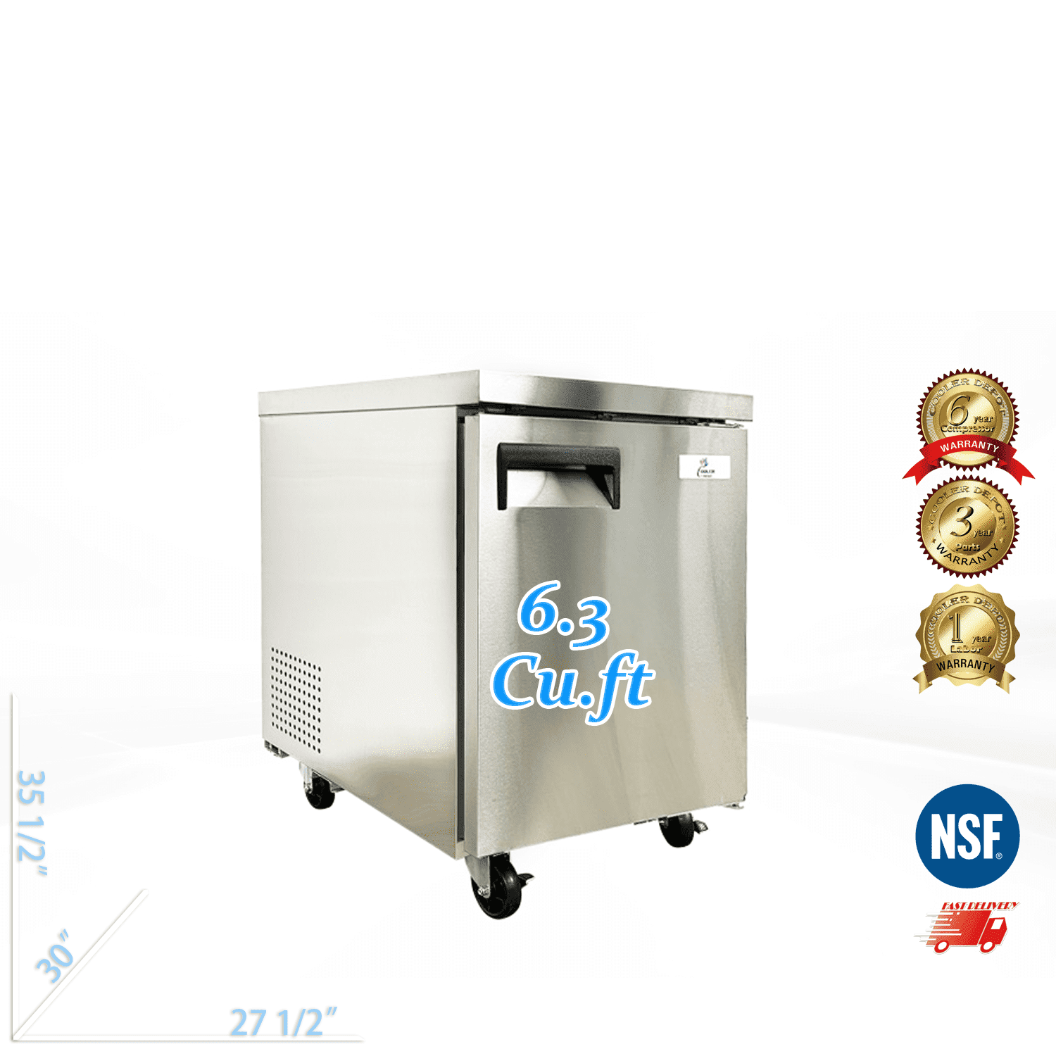 27 inch 6.3 cu.ft, 35 1/2" heigh Commercial Undercounter  refrigerator, Solid Doors, stainless steel exterior, NSF certified.