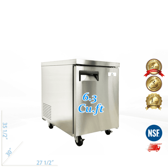 27 inch 6.3 cu.ft, 35 1/2" heigh Commercial Undercounter  refrigerator, Solid Doors, stainless steel exterior, NSF certified.