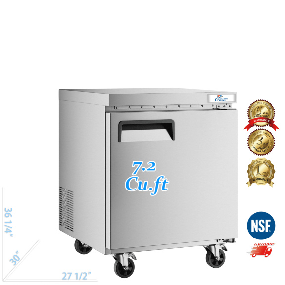 27 inch 7.2 cu.ft, 36 1/4" heigh Commercial Undercounter refrigerator, Solid Doors, stainless steel exterior, NSF certified.