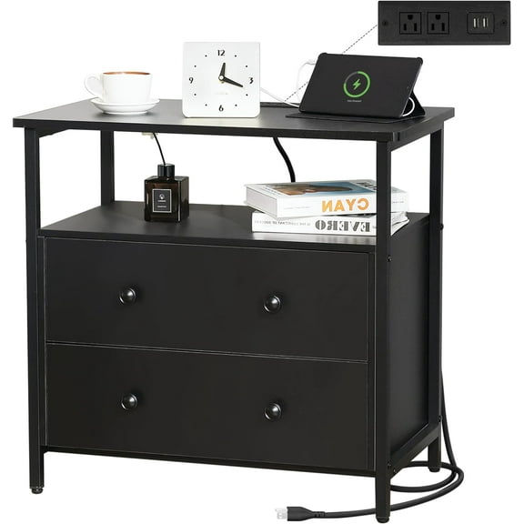 27 inch Black Wood Nightstand with Charging Station, Wide Bedside Table with 2 Drawers, Large Night Stand with Open Shelf (Black)