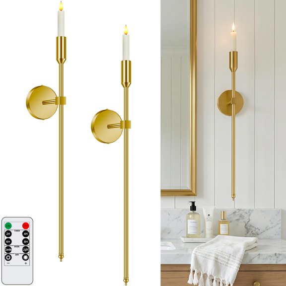 27-inch Large Wall Candle Sconces with Remote Controlled Flameless LED Taper Candles, Set of 2, Wall Mounted Candle Holder, Modern Chic Home Decor for Living Room, Entry, Porch, Hallway (Brass)