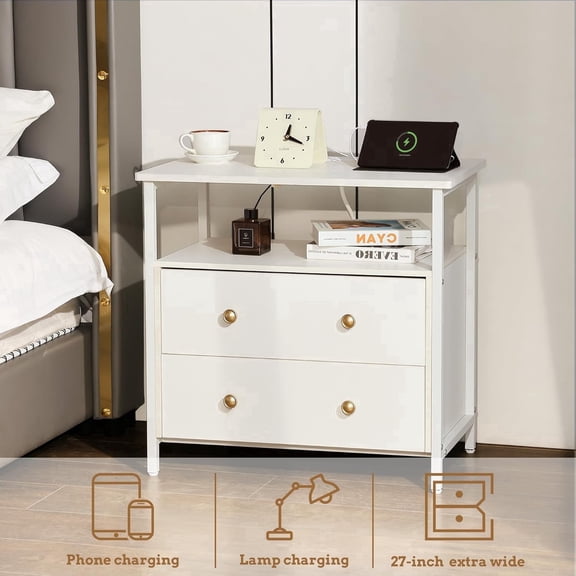 27 inch White Wide Night Stand with Charging Station, Bedside Table with Open Shelf, 2 Drawers Small Wood Dresser, Modern Wood Nightstand for Bedroom/Living Room