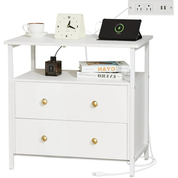 27 inch White Wood Nightstand with Charging Station, Wide Bedside Table with 2 Drawers, Large Night Stand with Open Shelf (White)