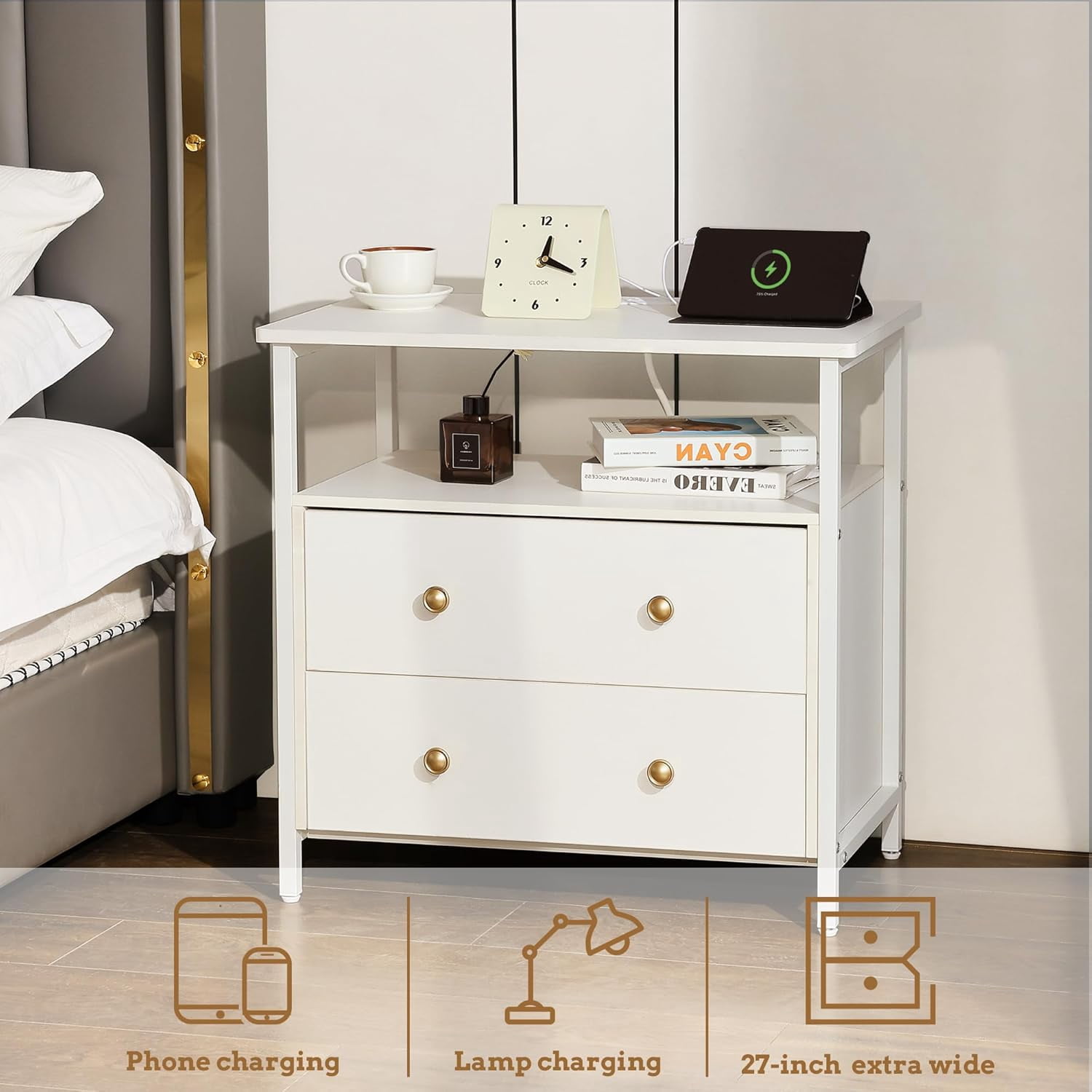 27 inch Wide Night Stand with Charging Station, Bedside Table with Open — free download