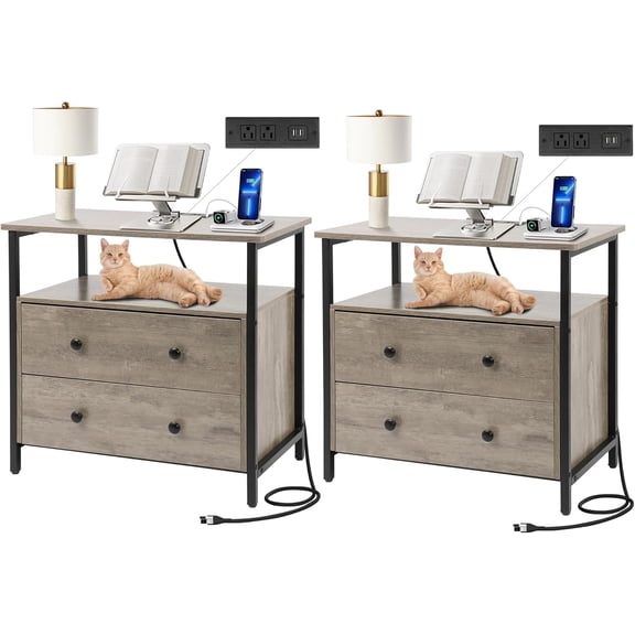 27 inch Wide Nightstand with Charging Station, Bedside Table with Open Shelf, 2 Drawers Small Wood Dresser, End Side Table for Bedroom (2 Pack,Rustic Gray)