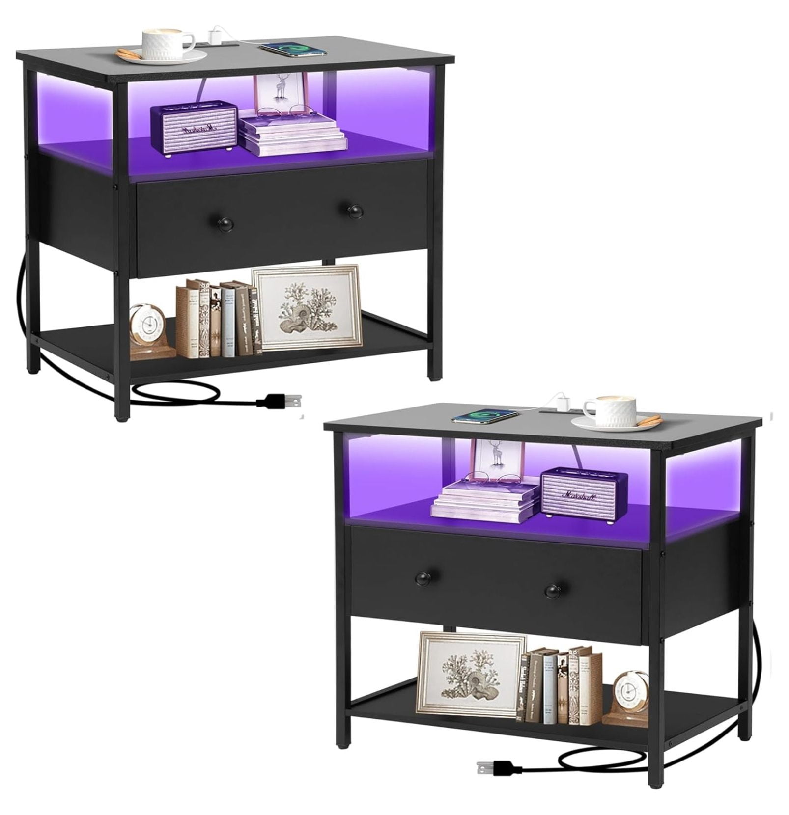 27 inch Wide Nightstand Set of 2 with LED,Side Table with One Wooden ...