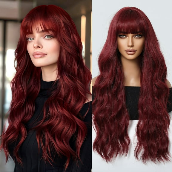 27-inch Wine Red Long Curly Hair Wig for Women with Bang Natural-looking Wavy Wigs Heat Resistance Synthetic Hair Wig Hairpiece with Hair Net for Cosplay Party Daily Use