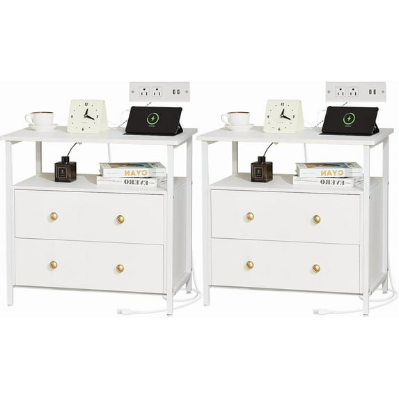 27 inch Wood Nightstand with Charging Station, Wide Bedside Table with 2 Drawers, Large Night Stand with Open Shelf (White,2 Pack)