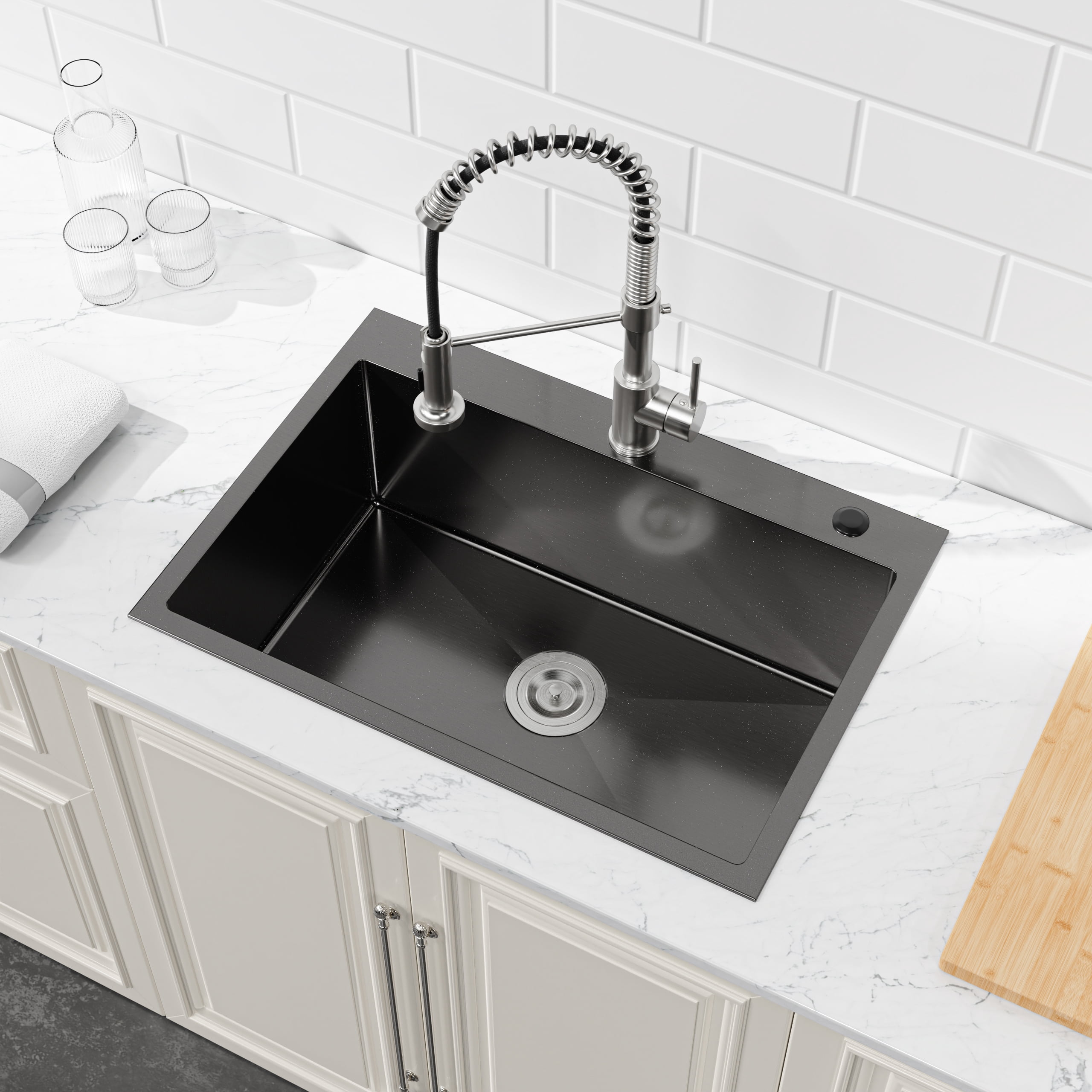 27-inx19-in Black Stainless Steel Drop-In Kitchen Sink-Single Bowl 16 Gauge Topmount Sink with US Drain And Hooks