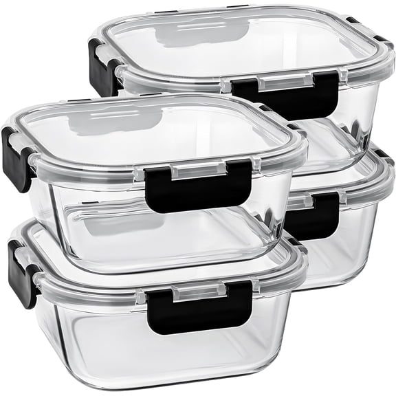 27 oz Glass Food Storage Containers with lids, 4 Pack Square Sandwich Containers/Box for Meal Prep, 3.3 Cup Glass Meal Prep Containers, Microwave, Oven, Freezer and Dishwasher, BPA-free