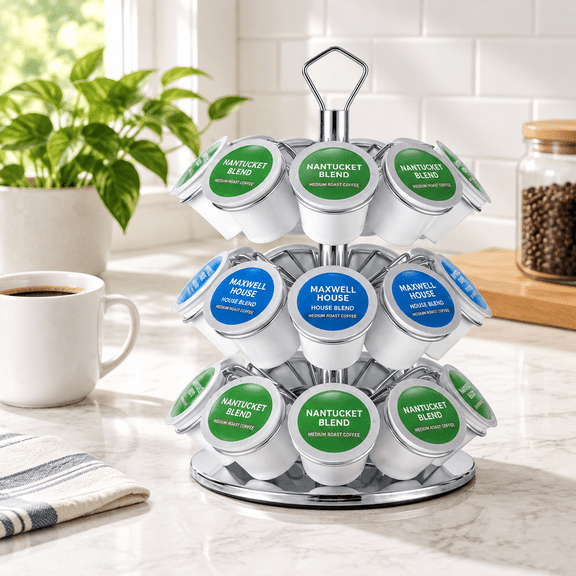 27 pods-3 tiers metal chrome coffee pod carousel holder for k-cup capsules