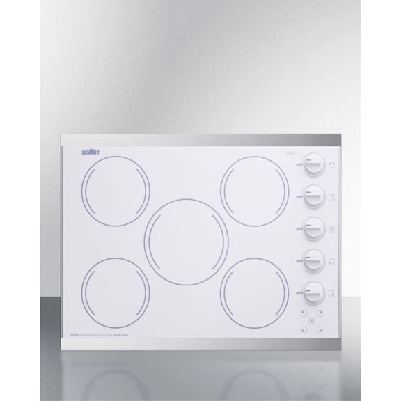 27" wide 5-burner radiant cooktop made in the USA in smooth white ceramic glass finish and oversized SS trim