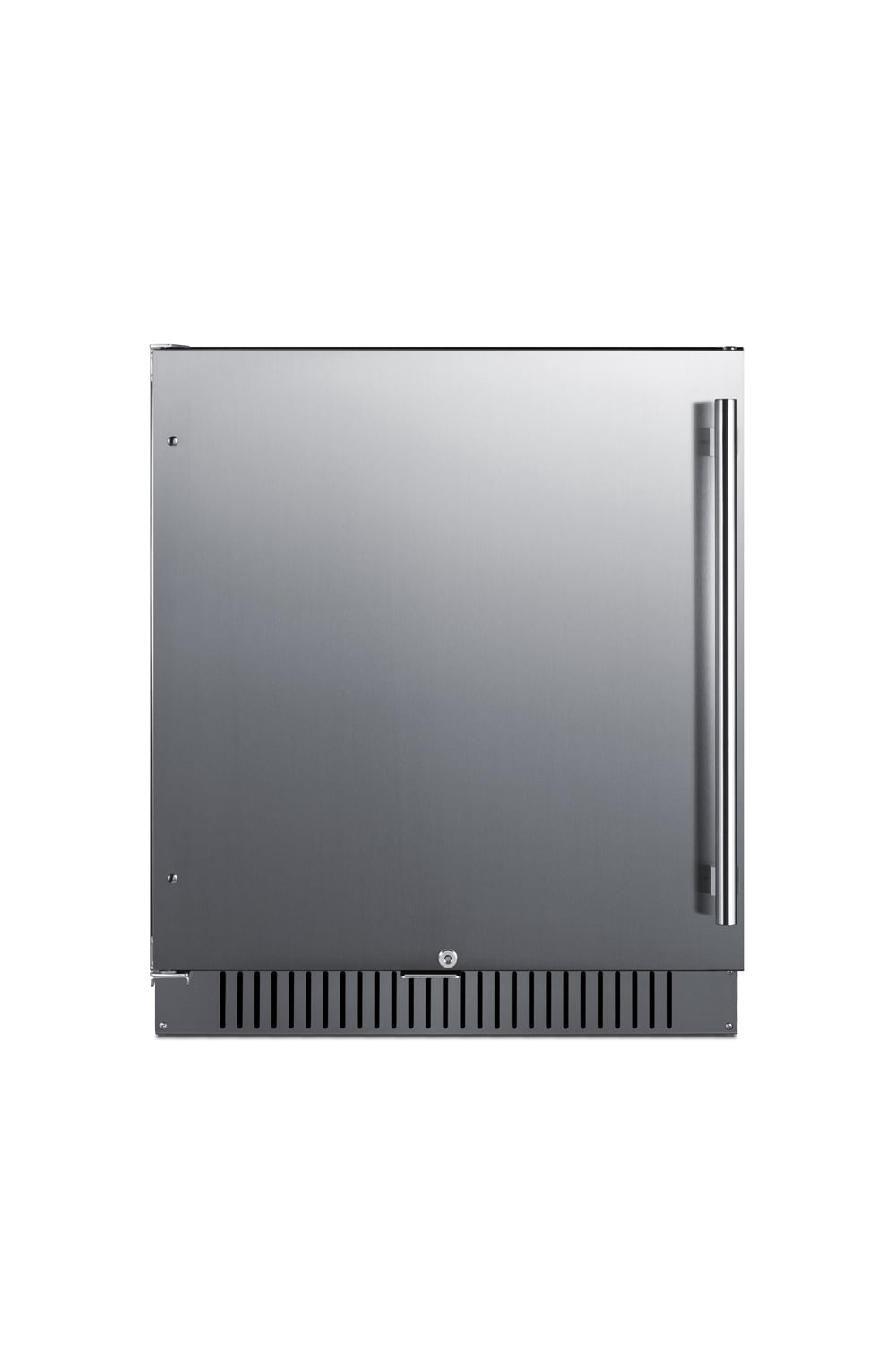 27" wide built-in undercounter ADA compliant all-refrigerator with stainless steel door, black cabinet, door storage, lock, and digital controls