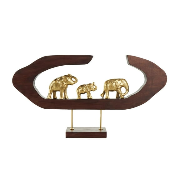 27" x 14" Gold Aluminum Metal Elephant Sculpture with Brown Wooden Frame, by DecMode