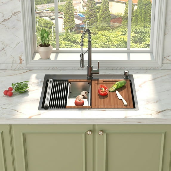 27" x 22" Drop In Kitchen Sink Gunmetal Black, 16 Gauge Stainless Steel Workstation Sink 27 Inch Topmount Single Bowl Sink with Accessories