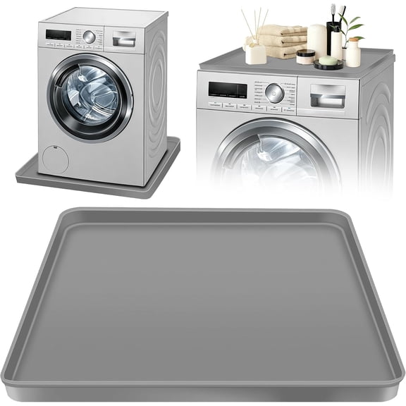 27" x 27" Washing Machine Drain Pan Mat, Soft Silicone Washer Drip Tray with 0.78" Raised Edge, Water-Proof Anti-Vibration Leak-Proof Floor Protector for Under Washer, Dryer, Fridge (Gray)