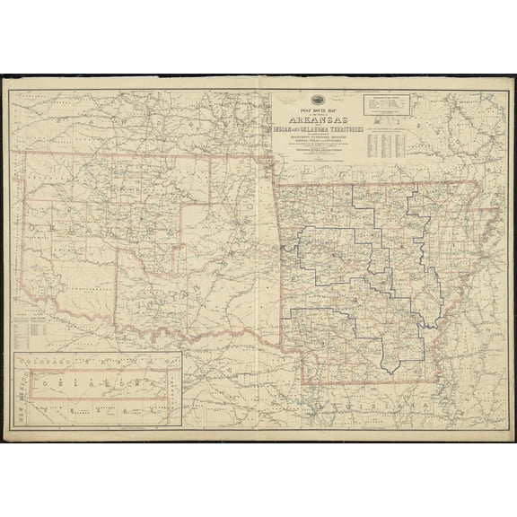 27"x19" Heavyweight Photo Paper Quality Poster: Post route map of the State of Arkansas and of Indian and Oklahoma territories with adjacent Zoom into this mapa at relno
