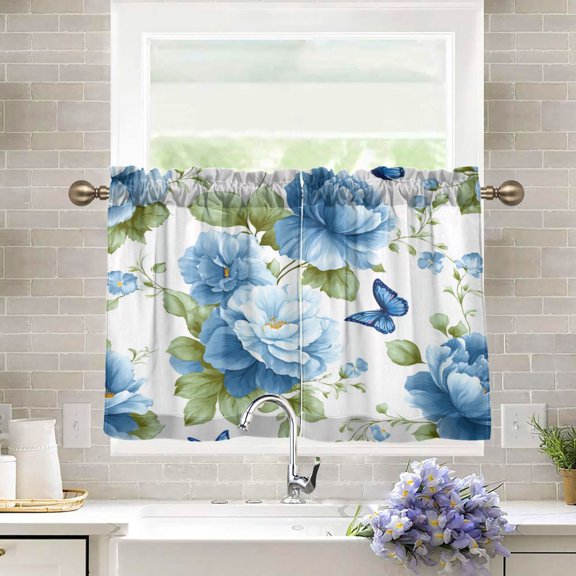 27"x24" Tier Curtains 2 Panels Beautiful Blue Orchids and Butterflies Semi Sheer Kitchen Short Window Curtains for Cafe Holiday Decor Living Room Bedroom Balcony Utility Room