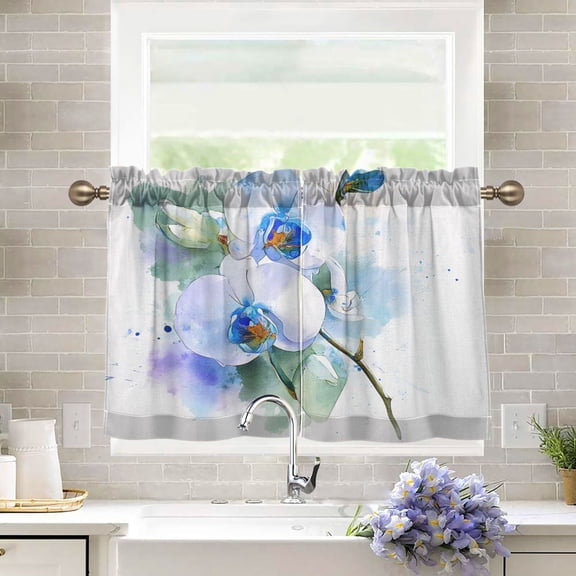 27"x24" Tier Curtains 2 Panels Beautiful White Orchid Semi Sheer Kitchen Short Window Curtains for Cafe Holiday Decor Living Room Bedroom Balcony Utility Room