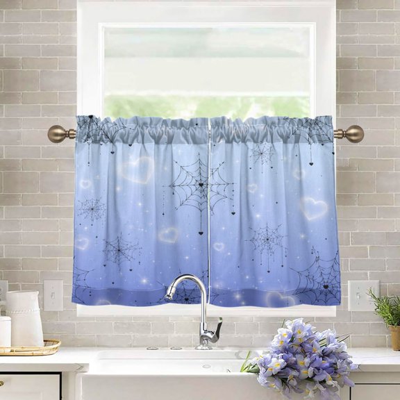 27"x24" Tier Curtains 2 Panels Blue Heart Spider Web Print Semi Sheer Kitchen Short Window Curtains for Cafe Holiday Decor Living Room Bedroom Balcony Utility Room