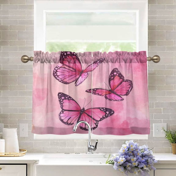 27"x24" Tier Curtains 2 Panels Blush Monarch Butterflies Semi Sheer Kitchen Short Window Curtains for Cafe Holiday Decor Living Room Bedroom Balcony Utility Room