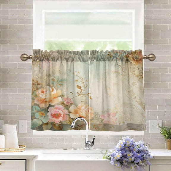 27"x24" Tier Curtains 2 Panels Blush Rose Antiquity Semi Sheer Kitchen Short Window Curtains for Cafe Holiday Decor Living Room Bedroom Balcony Utility Room