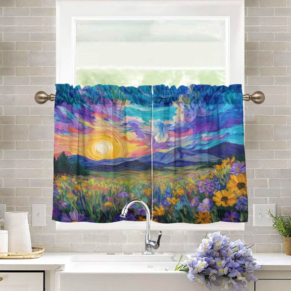 27"x24" Tier Curtains 2 Panels Colorful Alpine Meadow Painting Semi Sheer Kitchen Short Window Curtains for Cafe Holiday Decor Living Room Bedroom Balcony Utility Room