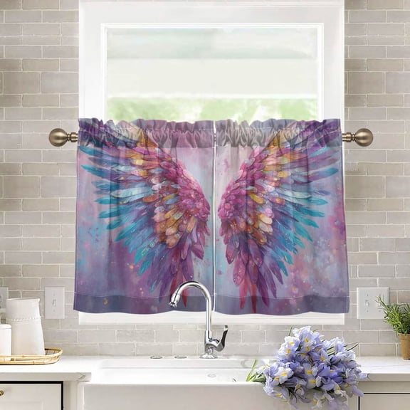27"x24" Tier Curtains 2 Panels Colorful Wings with Feathers Semi Sheer Kitchen Short Window Curtains for Cafe Holiday Decor Living Room Bedroom Balcony Utility Room