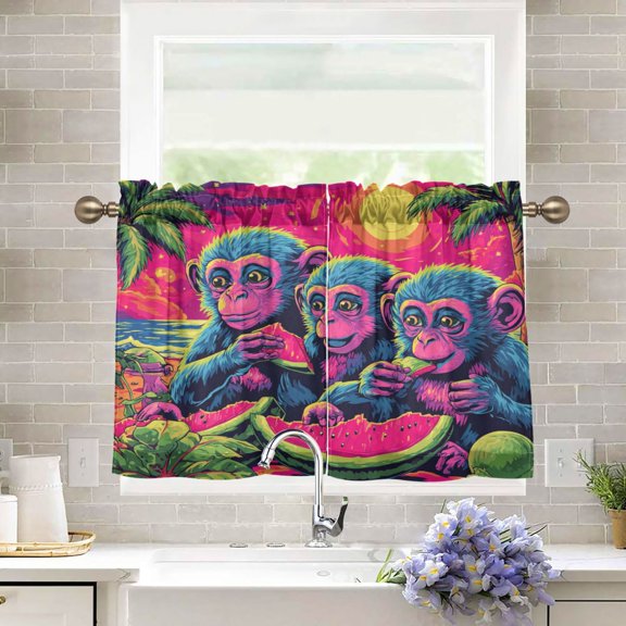 27"x24" Tier Curtains 2 Panels Cute Monkeys Eating Watermelon Semi Sheer Kitchen Short Window Curtains for Cafe Holiday Decor Living Room Bedroom Balcony Utility Room