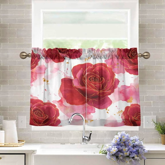 27"x24" Tier Curtains 2 Panels Digital Art Red Roses Pattern Semi Sheer Kitchen Short Window Curtains for Cafe Holiday Decor Living Room Bedroom Balcony Utility Room