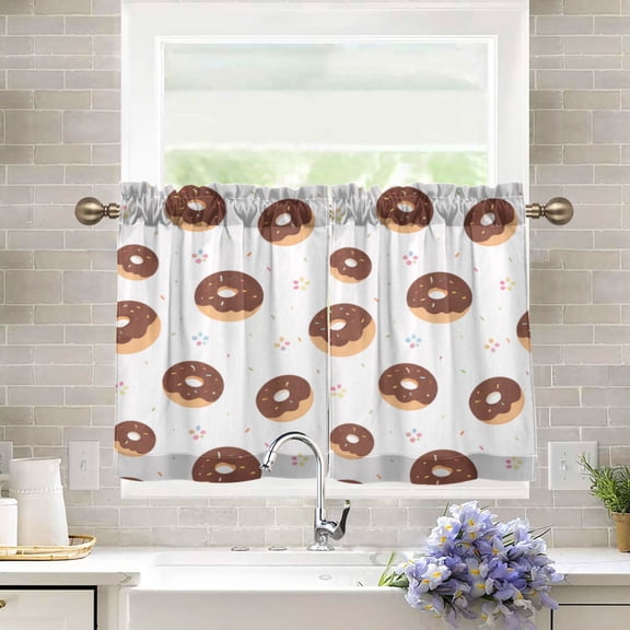 27"x24" Tier Curtains 2 Panels Donut Pattern Sweet Dessert Semi Sheer Kitchen Short Window Curtains for Cafe Holiday Decor Living Room Bedroom Balcony Utility Room