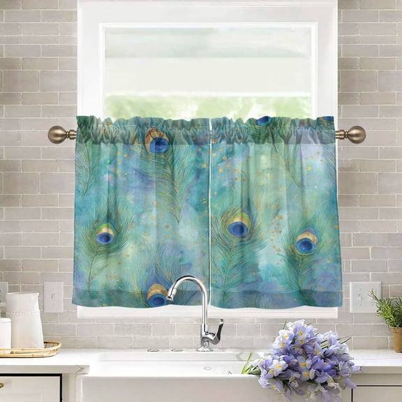 27"x24" Tier Curtains 2 Panels Elegant Peacock Feather Pattern Semi Sheer Kitchen Short Window Curtains for Cafe Holiday Decor Living Room Bedroom Balcony Utility Room