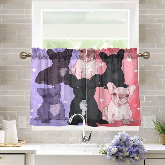27"x24" Tier Curtains 2 Panels Frenchie Squad Love Hearts Semi Sheer Kitchen Short Window Curtains for Cafe Holiday Decor Living Room Bedroom Balcony Utility Room