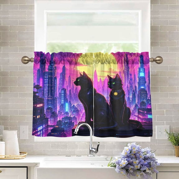 27"x24" Tier Curtains 2 Panels Golden Moon Cyber Cats Semi Sheer Kitchen Short Window Curtains for Cafe Holiday Decor Living Room Bedroom Balcony Utility Room