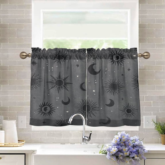 27"x24" Tier Curtains 2 Panels Grey Astrology Celestial Art Semi Sheer Kitchen Short Window Curtains for Cafe Holiday Decor Living Room Bedroom Balcony Utility Room