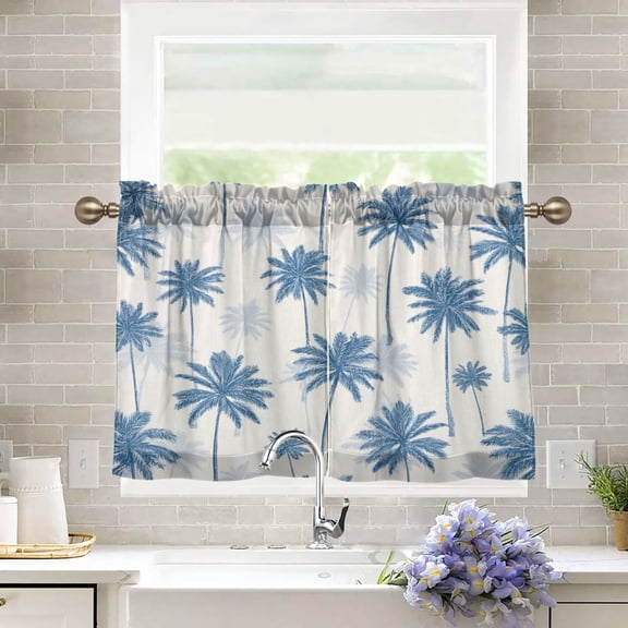 27"x24" Tier Curtains 2 Panels Indigo Palm Pattern Semi Sheer Kitchen Short Window Curtains for Cafe Holiday Decor Living Room Bedroom Balcony Utility Room